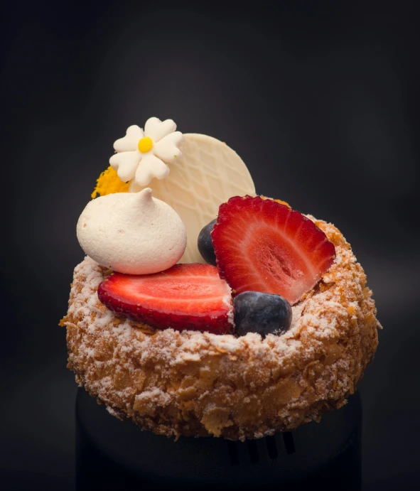 a dessert with strawberries, blueberries, and whipped cream, inspired by François Louis Thomas Francia, unsplash, baroque, donut, in front of a black background, micro detail, micro detailed