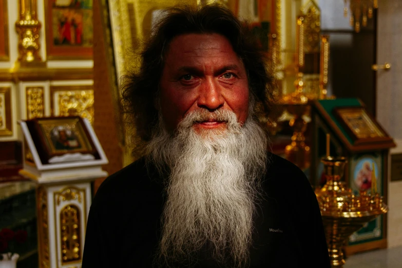 a man with a long beard standing in a church, pexels contest winner, qajar art, two aboriginal elders, front facing the camera, portrait image, yulia nevskaya