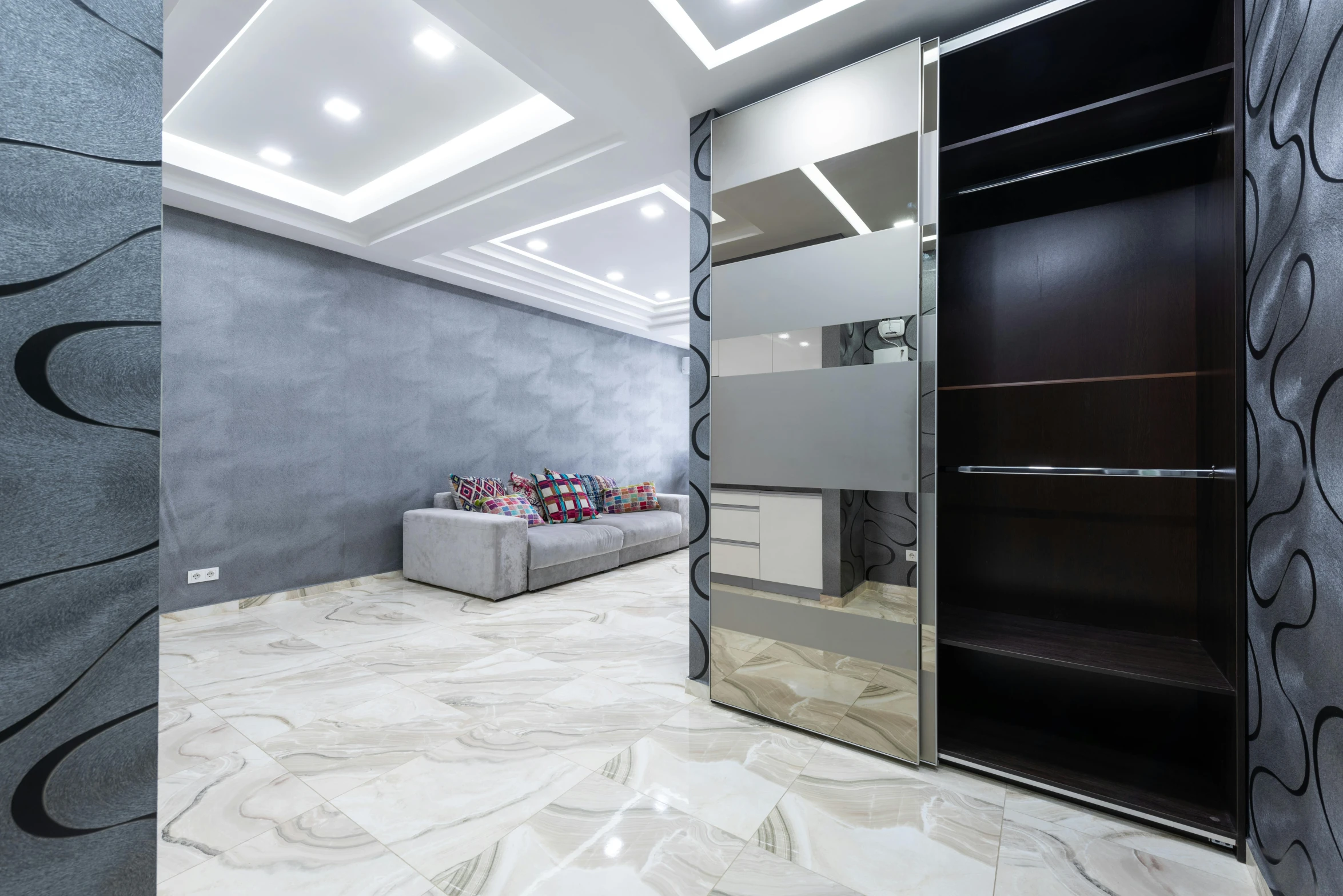 a living room filled with furniture and a glass door, inspired by Emilio Grau Sala, pexels contest winner, light and space, elegant futuristic wardrobe, tile floor, thumbnail, photo for a store