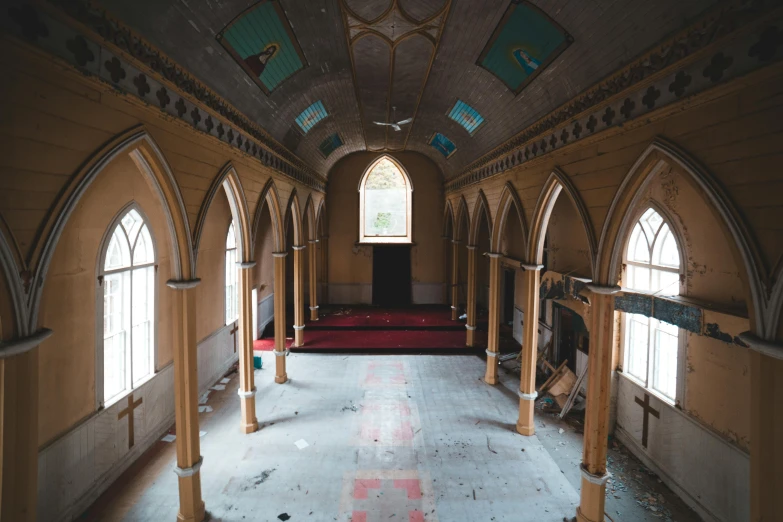 an empty church with arched windows and a red carpet, an album cover, unsplash contest winner, boarded up, ornate dining hall, “ painting, mosque interior