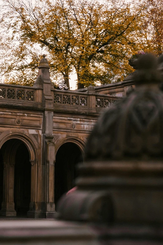 a couple of people that are standing in front of a building, central park, there are archways, during autumn, upclose