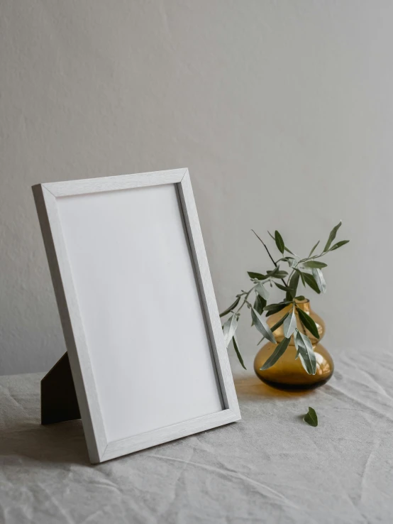 a picture frame sitting on top of a table next to a vase, by Adam Rex, professional product photo, light grey mist, linen canvas, white wood