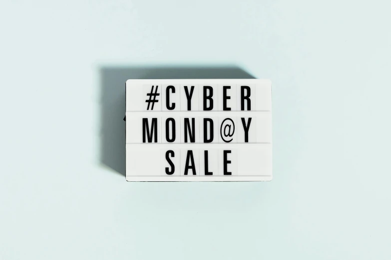 a sign that says cyber monday sale on it, trending on unsplash, hypermodernism, made of all white ceramic tiles, thumbnail, 1 6 x 1 6, silver