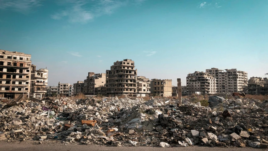 a large pile of rubble sitting on the side of a road, unsplash contest winner, auto-destructive art, panorama of crooked ancient city, brutalism buildings, amr elshamy, 2000s photo