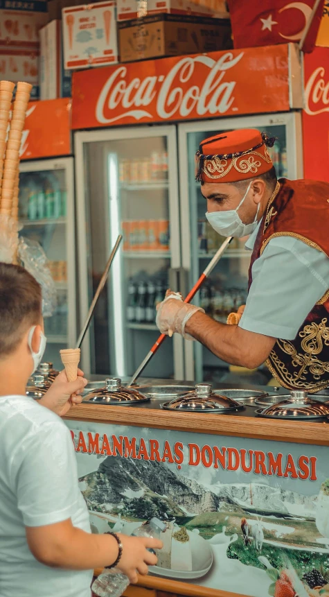 a couple of people that are standing in front of a counter, by Sam Dillemans, pexels, hurufiyya, old man doing with mask, kebab, wearing authentic attire, ice cream on the side