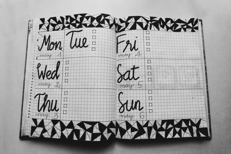 a black and white photo of a bullet journal, weekly, lunar time, trending photo, various posed