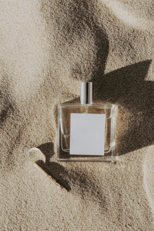 a bottle of perfume sitting in the sand, detailed product image, sun drenched, rectangle, full product shot