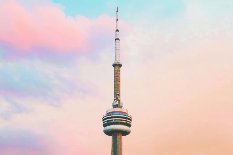 a tall tower sitting on top of a lush green field, inspired by Beeple, pexels contest winner, hyperrealism, the city of toronto, pink and blue colors, canva, profile picture