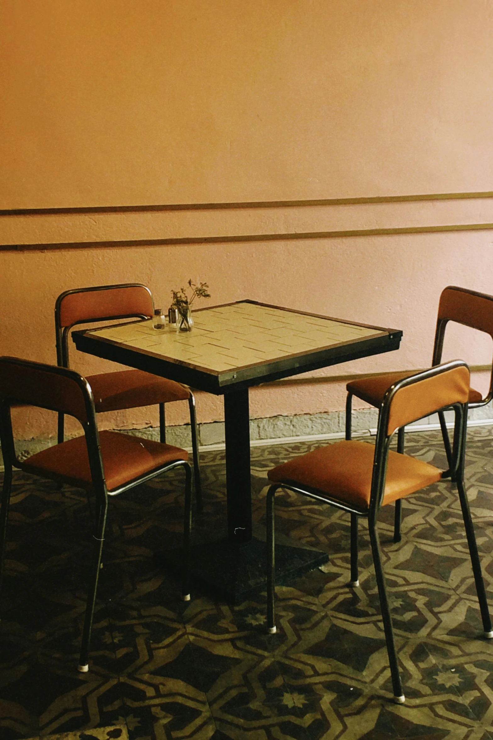 a couple of chairs and a table in a room, an album cover, by Elsa Bleda, unsplash, diner caffee, soviet - era, 15081959 21121991 01012000 4k, instagram story