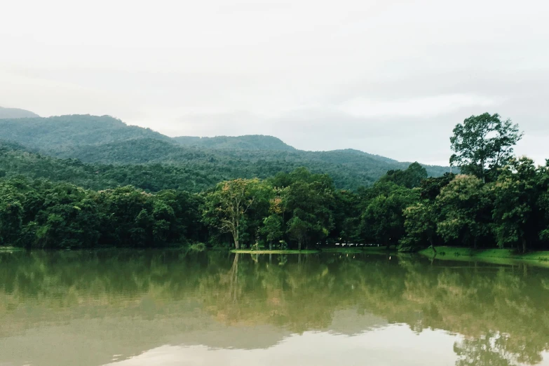 a body of water surrounded by trees and mountains, sumatraism, tamborine, trending on vsco, 2000s photo