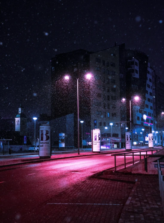 a couple of benches sitting on the side of a road, an album cover, inspired by Elsa Bleda, realism, cyberpunk art ultrarealistic 8k, snow falling, beeple. hyperrealism, streetlights