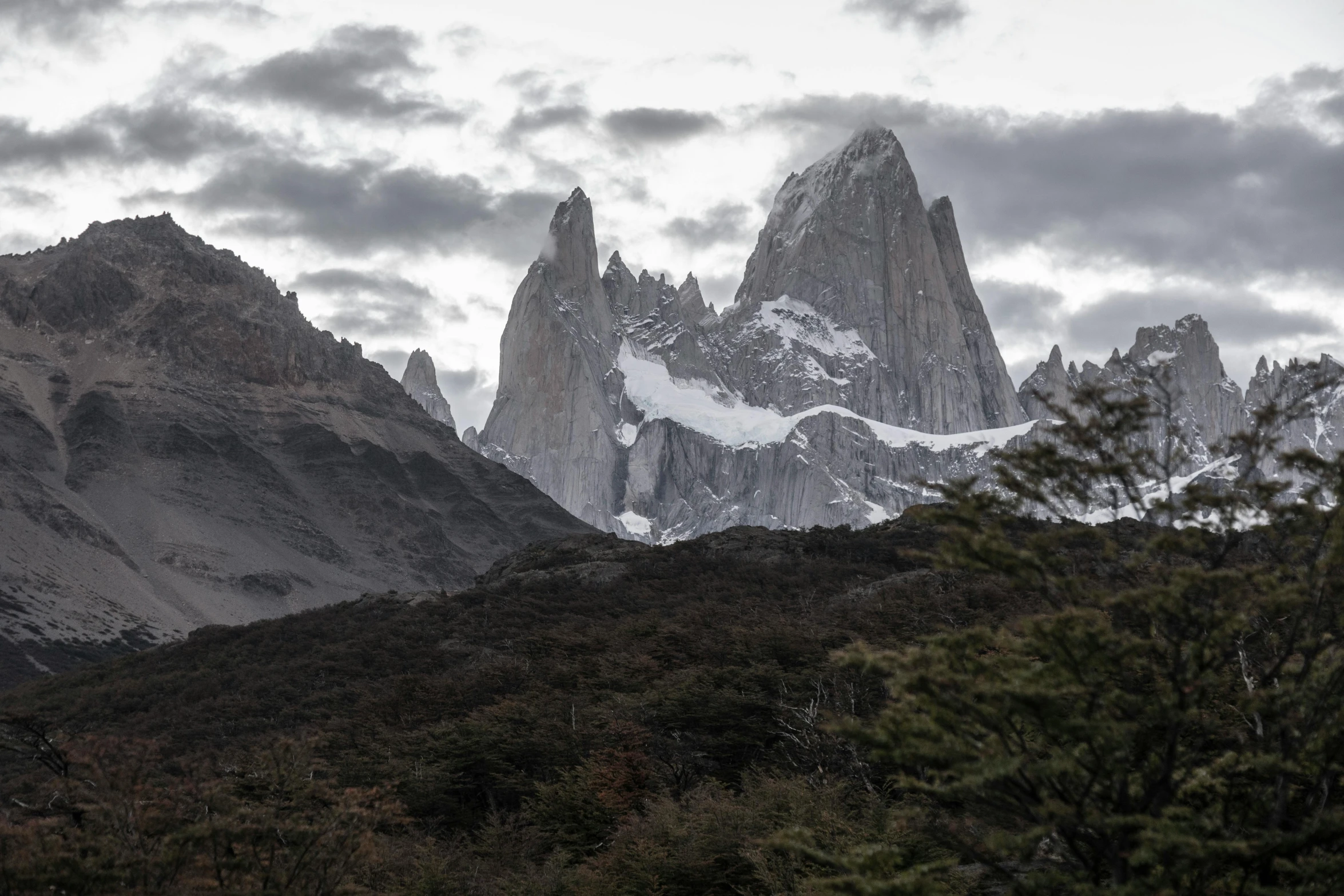 a herd of sheep grazing on top of a lush green hillside, by Matteo Pérez, unsplash contest winner, tall stone spires, patagonian, with dark trees in foreground, with a snowy mountain and ice