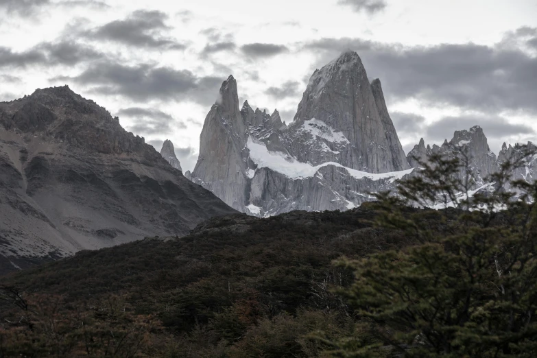 a herd of sheep grazing on top of a lush green hillside, by Matteo Pérez, unsplash contest winner, tall stone spires, patagonian, with dark trees in foreground, with a snowy mountain and ice