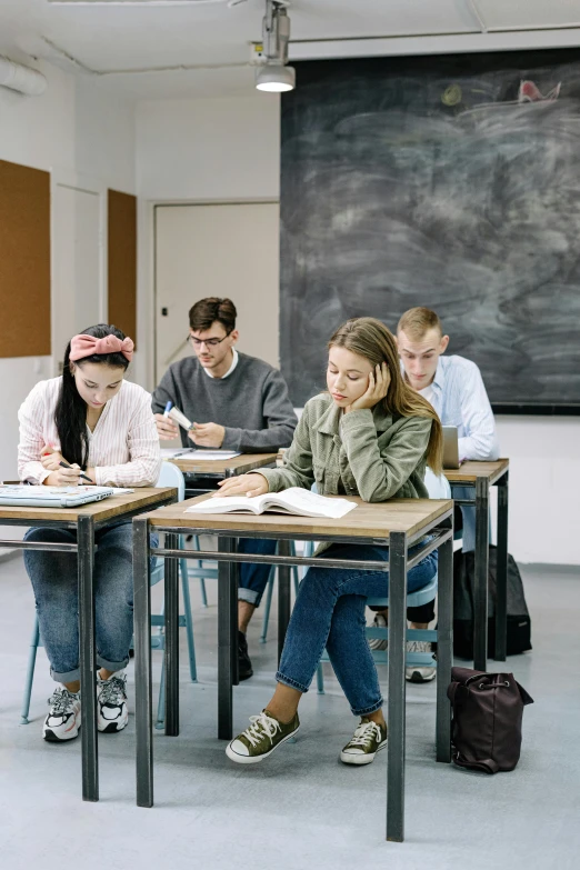 a group of students sitting at desks in a classroom, trending on pexels, academic art, hyperrealism photo, thumbnail, background image, russian academic