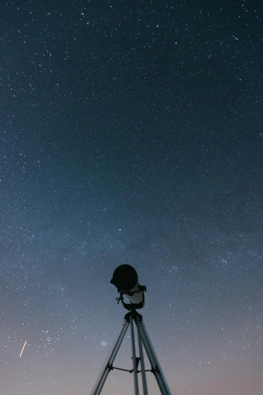 a telescope sitting on top of a tripod, by Attila Meszlenyi, trending on unsplash, space clouds, star charts, silhouette of man, grainy photo