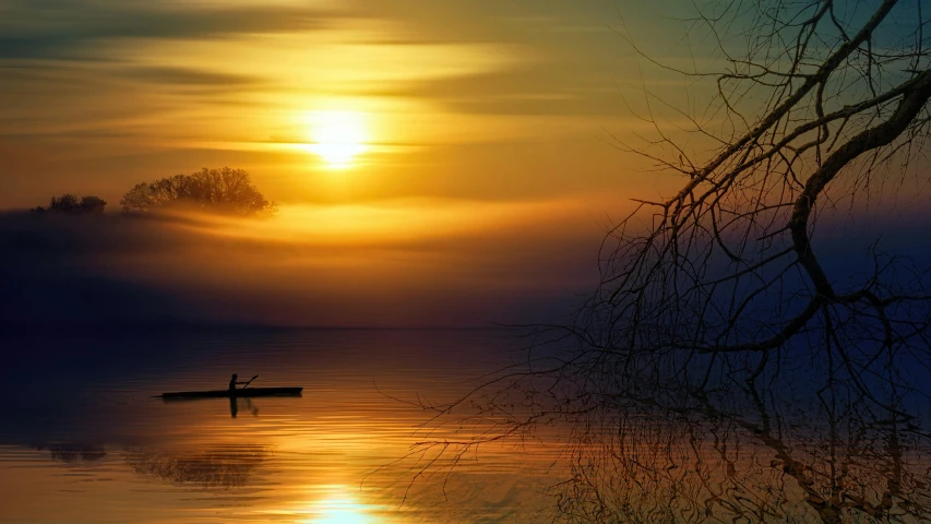 a person in a boat on a lake at sunset, inspired by Gediminas Pranckevicius, pexels contest winner, romanticism, sunset warm spring, paul barson, winter sun, canoe
