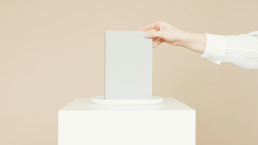 a person putting a piece of paper into a box, an abstract sculpture, postminimalism, light grey, product view, flat grey, card frame