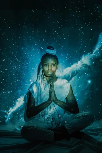 a woman sitting on top of a bed in the middle of the night, inspired by Ma Quan, pexels contest winner, afrofuturism, elven spirit meditating in space, portrait willow smith, promotional image, yoga meditation pose