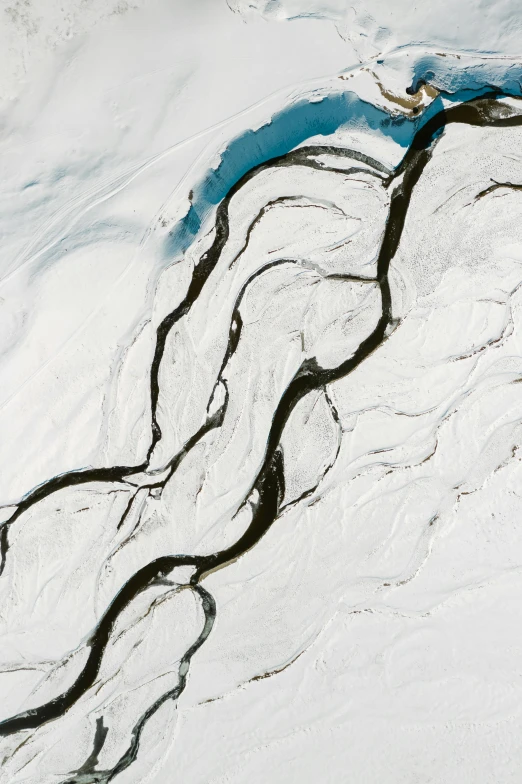 an aerial view of a river in the snow, an album cover, by Peter Churcher, unsplash contest winner, land art, antarctica, sinuous, veins, f / 2 0