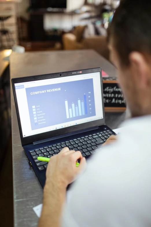 a man sitting in front of a laptop computer, by Matt Cavotta, pexels, renaissance, graphs, multiple stories, official screenshot, small