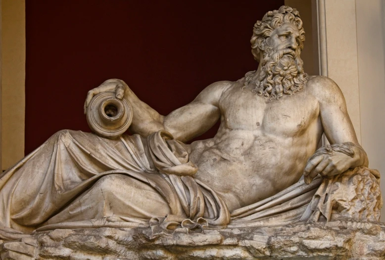 a statue of a man sitting on a rock, a marble sculpture, inspired by Exekias, pexels contest winner, mannerism, whirlpool, payne's grey and venetian red, clothed in ancient, reclining