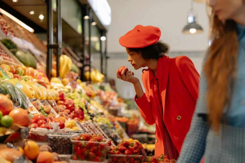 a woman in a red hat eating a piece of fruit, by Julia Pishtar, pexels contest winner, stood in a supermarket, red tailcoat, ashteroth, profile image