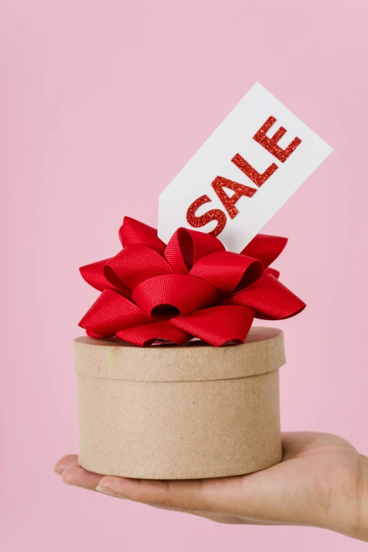 a person holding a box with a sale sign on it, a stock photo, by Gwen Barnard, trending on unsplash, magic realism, ornamental bow, pink, holiday, pot