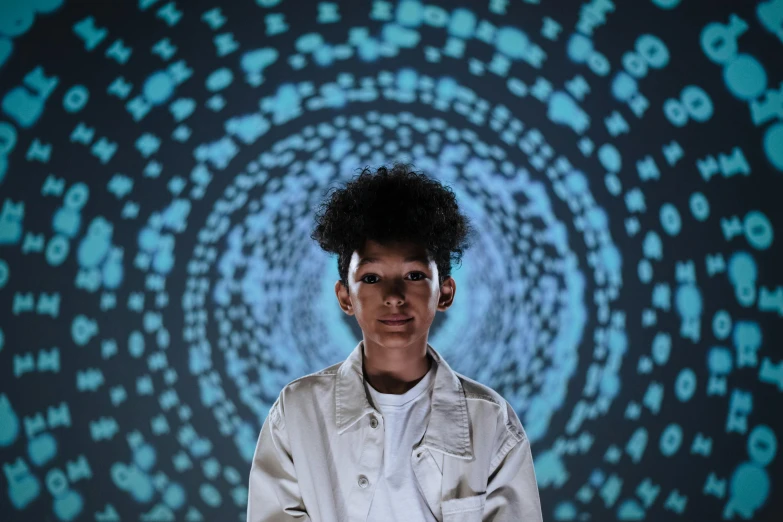 a man standing in front of a projection, video art, portrait of willow smith, wormholes, declan mckenna, photographed for reuters