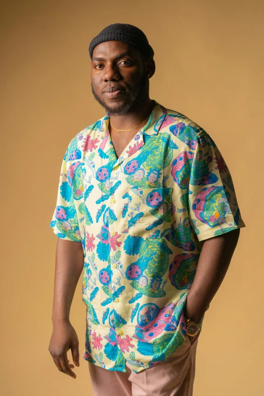 a man standing with his hands in his pockets, an album cover, inspired by Paul Georges, trending on pexels, with hawaiian shirt, big floppa, studio portrait, multicolored