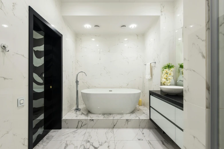 a bath room with a tub a sink and a mirror, inspired by Sydney Prior Hall, pexels contest winner, process art, ivory and black marble, inside a modern apartment, whirlpool, manly design