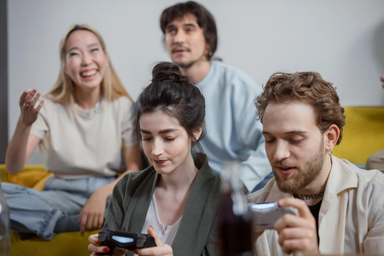a group of people sitting on a couch playing a video game, by Adam Marczyński, trending on pexels, renaissance, avatar image, profile picture, attractive photo, natasha tan maciej kuciara
