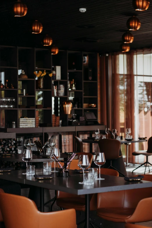 a dining room filled with lots of tables and chairs, by Jesper Knudsen, renaissance, wine, natural morning light, smoky, black and terracotta