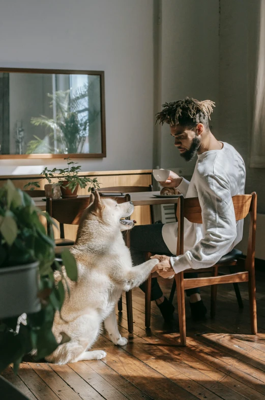 a man sitting at a table with a dog, a stock photo, by Caspar Wolf, pexels contest winner, renaissance, reaching out to each other, black man, natural light in room, long boi