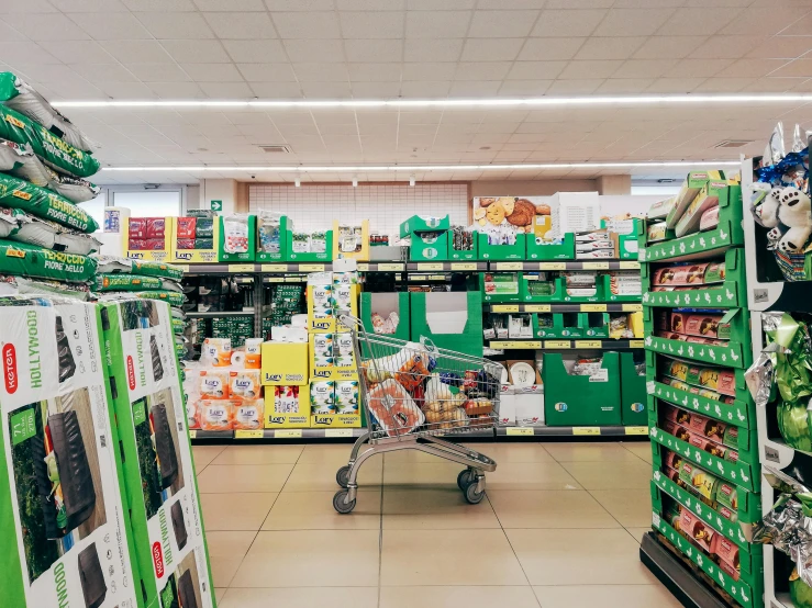 a shopping cart in a grocery store aisle, an album cover, pexels contest winner, hyperrealism, green floor, 2 5 6 x 2 5 6 pixels, mr beast, malika favre