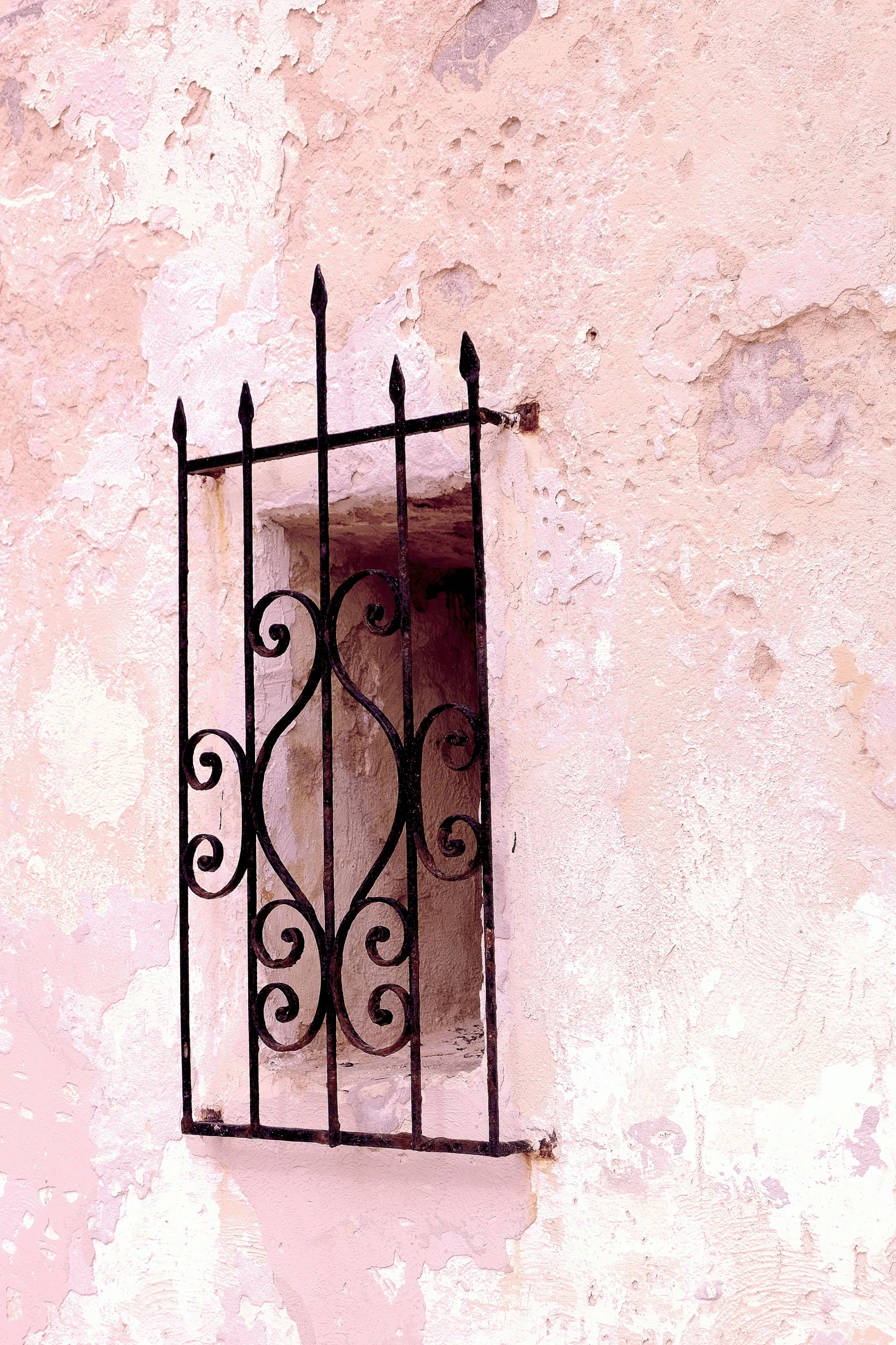 a red fire hydrant sitting in front of a window, an album cover, inspired by Fede Galizia, iron arc gate door texture, wrought iron, pink, cell bars