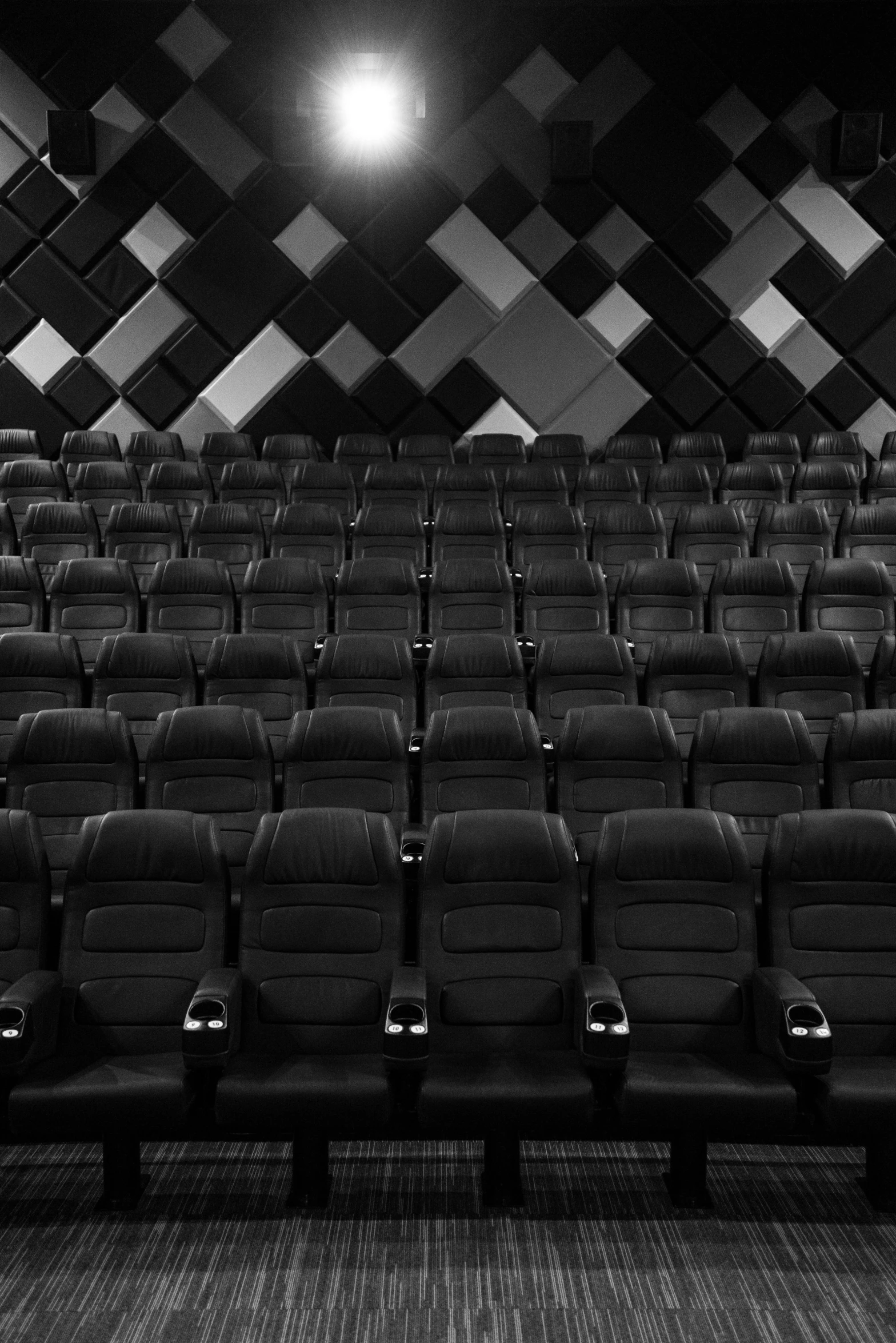 a black and white photo of an empty theater, a black and white photo, by Adam Chmielowski, minimalism, cinema 4d cinematic render, cinematic. by leng jun, in rows, beautiful cinematic