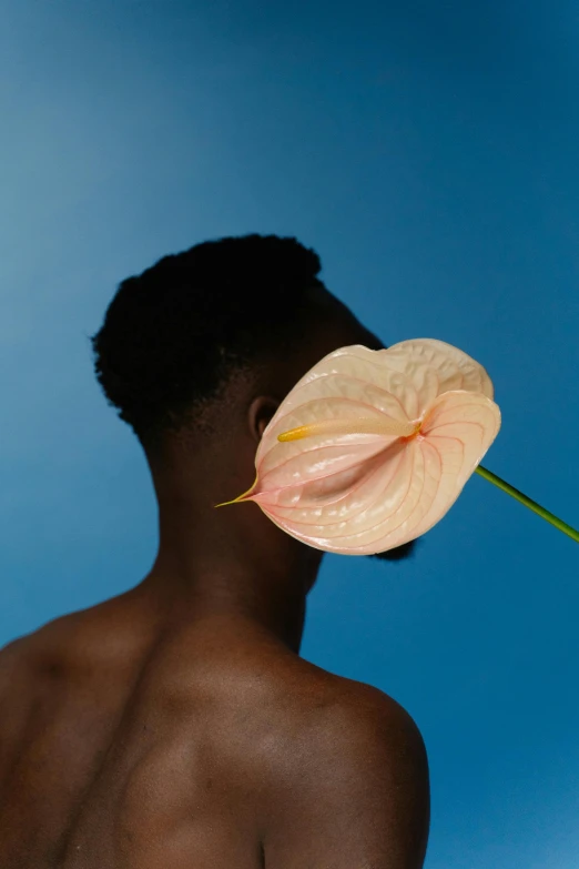 a man holding a flower in front of his face, an album cover, inspired by Robert Mapplethorpe, pexels contest winner, black skin, deep blue skin, lush paradise, back view. nuri iyem