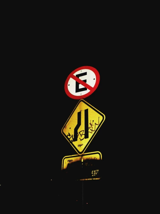 a couple of street signs sitting on top of a pole, an album cover, by Ahmed Yacoubi, evil symbols, imgur, # e 4 e 6 2 0, stop sign