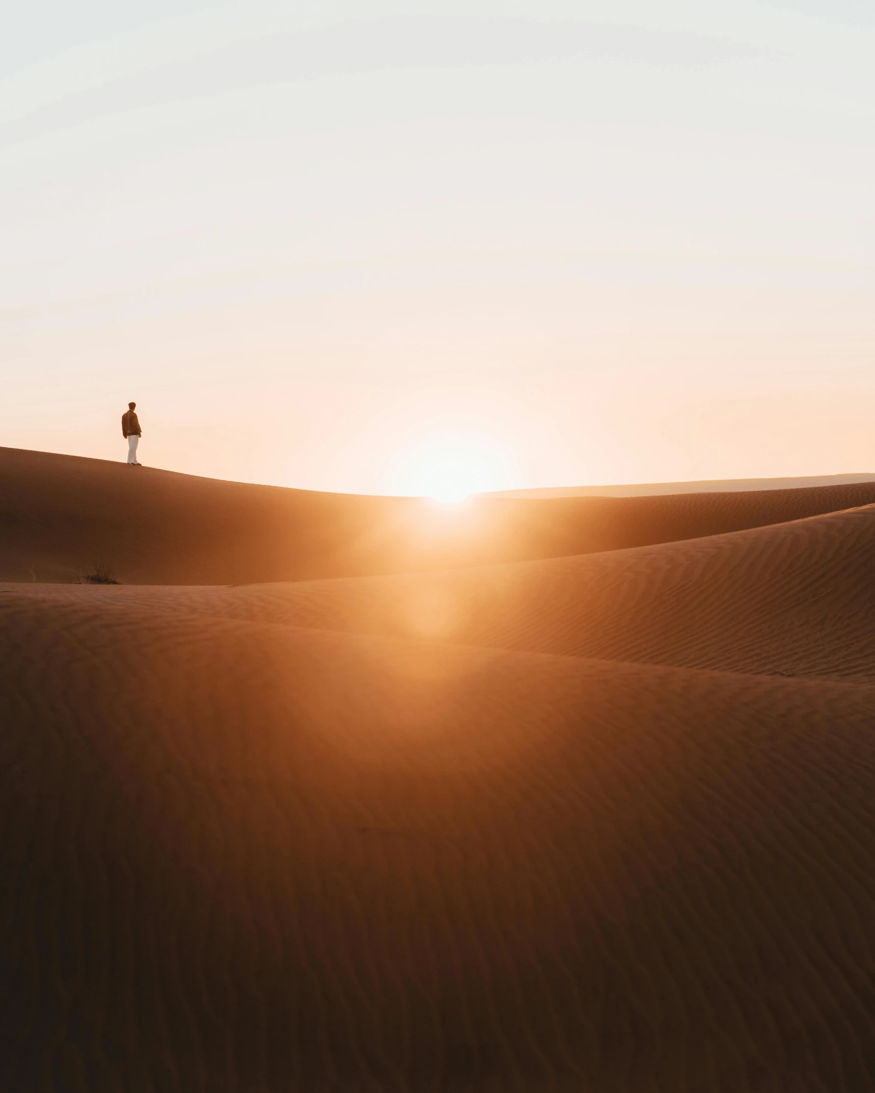 a person standing in the middle of a desert, during a sunset
