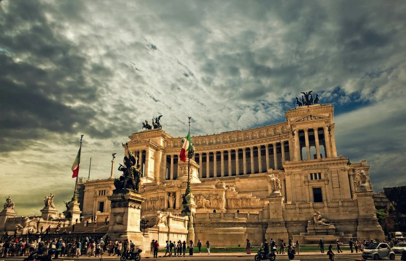 a group of people that are standing in front of a building, a tilt shift photo, pexels contest winner, neoclassicism, altostratus clouds, fall of rome, square, brown