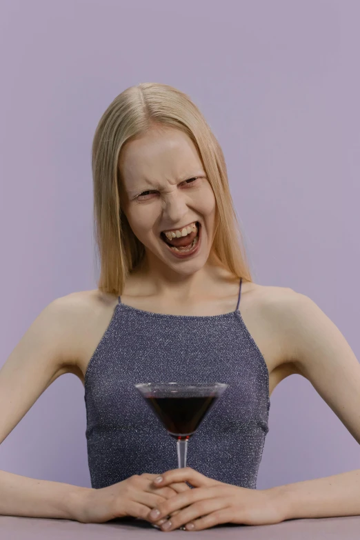 a woman sitting at a table with a glass of wine, trending on reddit, screaming fashion model face, gif, purple drank, headshot profile picture