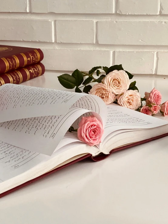 an open book sitting on top of a table next to a cup of coffee, by Alice Mason, pexels contest winner, romanticism, decorative roses, mary jane ansell, detail shot, detailed letters