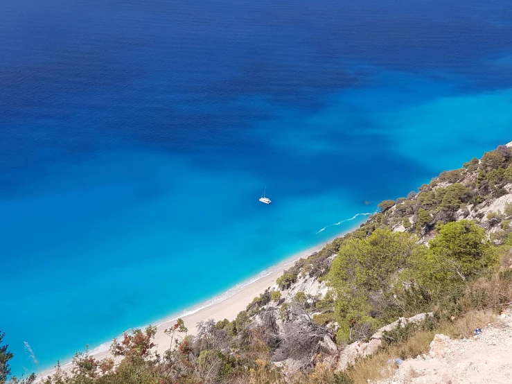 a large body of water next to a sandy beach, by Julian Allen, pexels contest winner, hurufiyya, greek nose, blue colours, looking down a cliff, avatar image