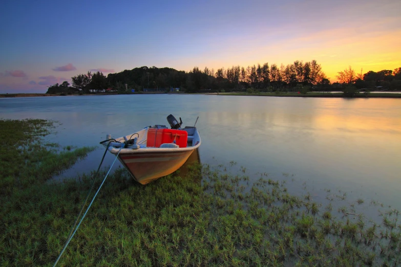 a boat sitting on top of a lush green field, a picture, by Basuki Abdullah, hurufiyya, peaceful evening harbor, gold coast australia, fishing, high quality image