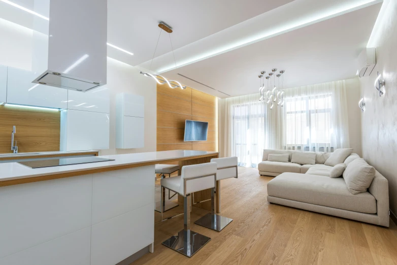 a living room filled with furniture and a kitchen, by Alexander Fedosav, light and space, glossy white metal, ultra - quality, light wood, marat zakirov