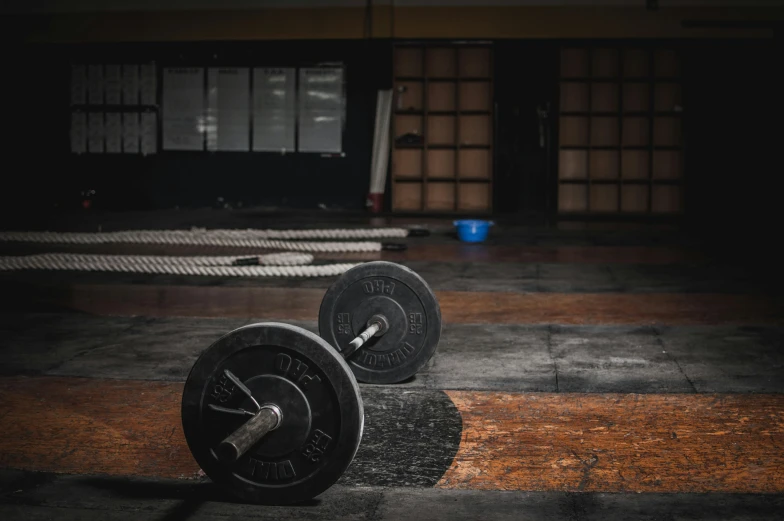 a pair of weights sitting on top of a wooden floor, pexels contest winner, private press, background a gym, grungy steel, gong, background image