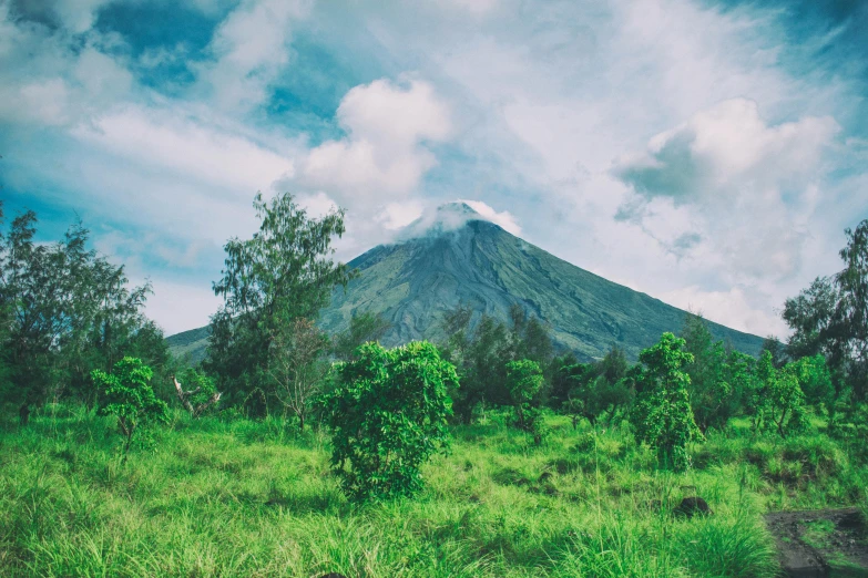 a lush green field with a mountain in the background, by Julia Pishtar, trending on unsplash, sumatraism, infographic of active volcanoes, pyramid surrounded with greenery, 1970s philippines, avatar image