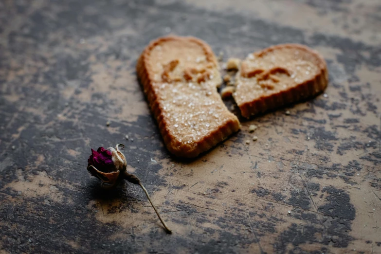 a broken piece of bread sitting on top of a table, by Sylvia Wishart, unsplash, romanticism, heart made of flowers, therookies, natural point rose', split in half
