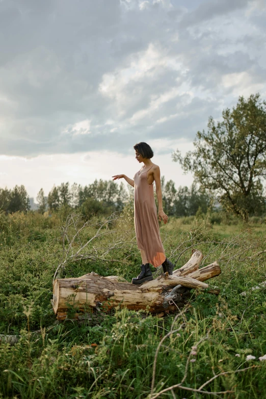 a woman standing on a log in a field, unsplash, land art, medium format. soft light, a handsome, levitating, trending on