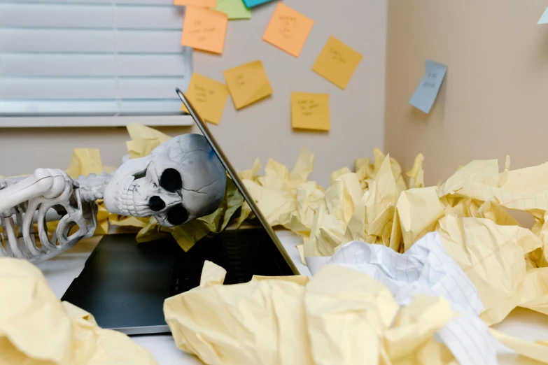 a skeleton sitting on top of a laptop computer, unsplash, vanitas, piles of paperwork, background image, halloween decorations, poop